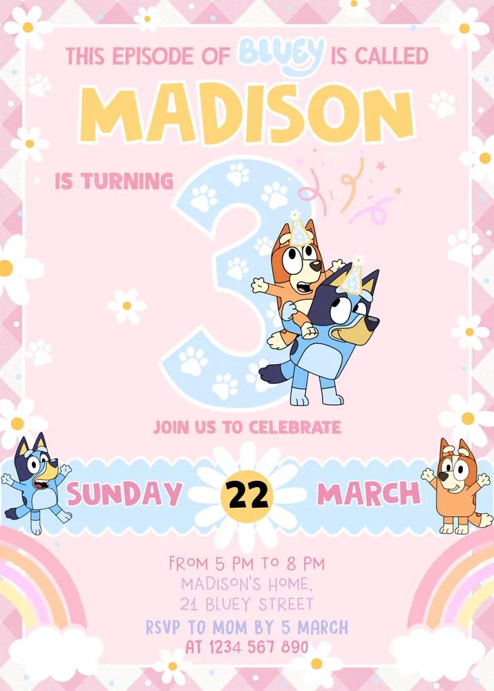 Editable Bluey Girl 3rd Birthday Invitation Canva Template - Instant Download