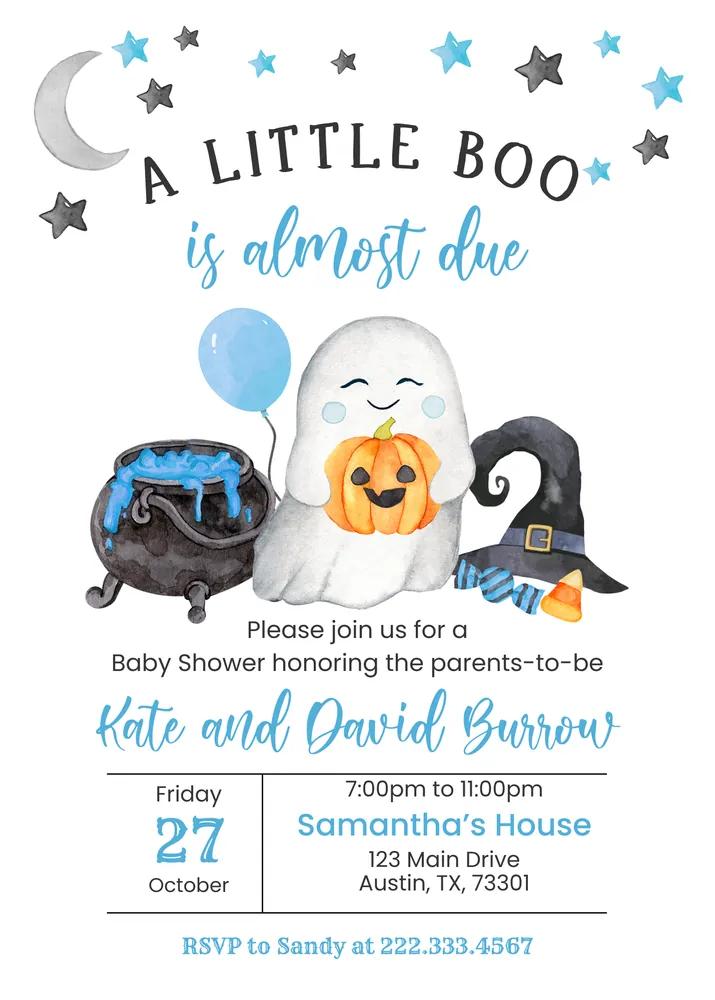 Blue A Little Boo Baby Shower Invitation Bundle Halloween Boy Canva Template