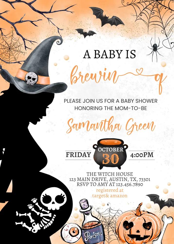 A Baby is Brewing Halloween Baby Shower Invitation Skeleton Canva Template