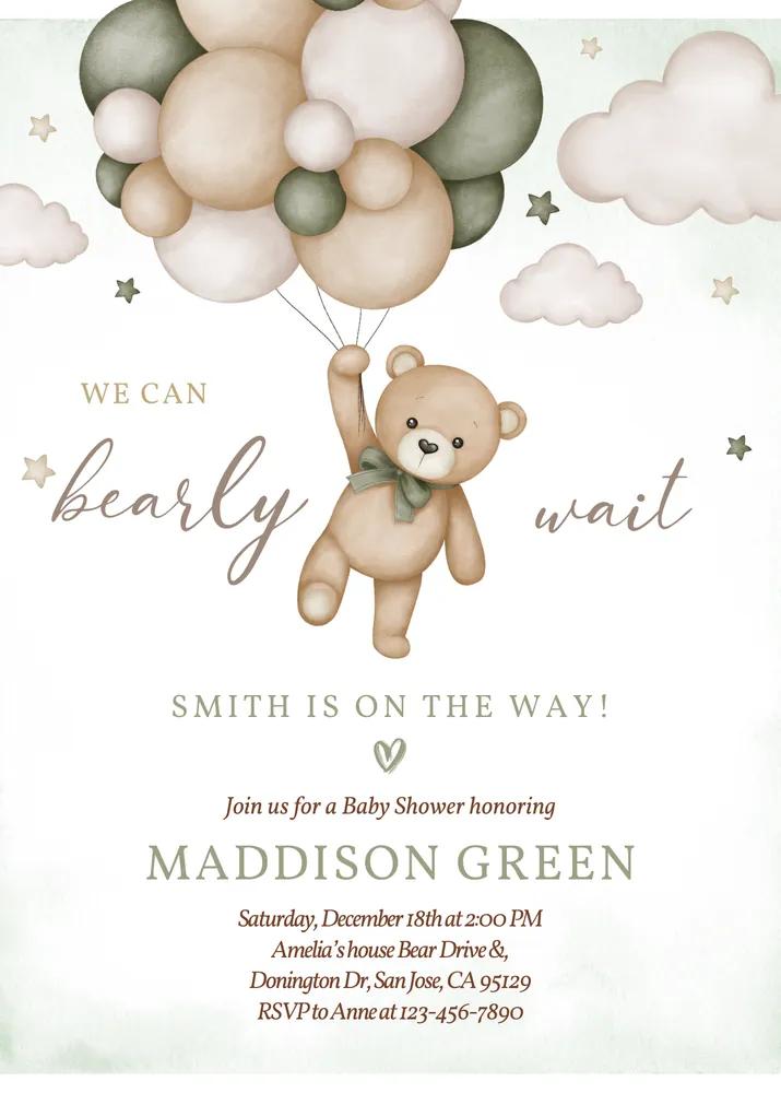 Gender Neutral Bear Baby Shower Invitation Template | We Can Bearly Wait Invite