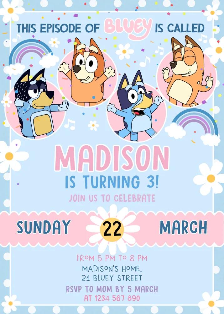 Bluey Birthday Invitation Template | Editable 3rd Birthday Girl Invite Canva