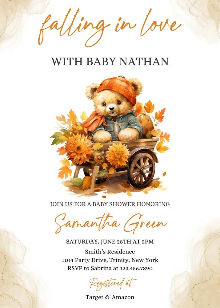 Falling in Love Bear Baby Shower Invitation, Pumpkin Fall Editable Canva Template