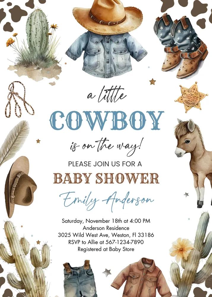 Wild West Boy Baby Shower Invite Canva Template | Little Cowboy Sprinkle