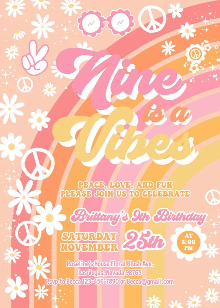 Groovy 9th Birthday Invitation | Nine is a Vibe Daisy Editable Canva Template