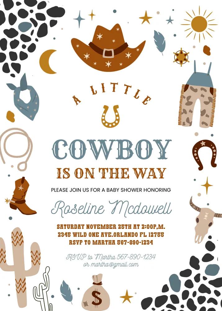 Cowboy Baby Shower Invitation, Editable Country Western Little Cowboy Canva Template