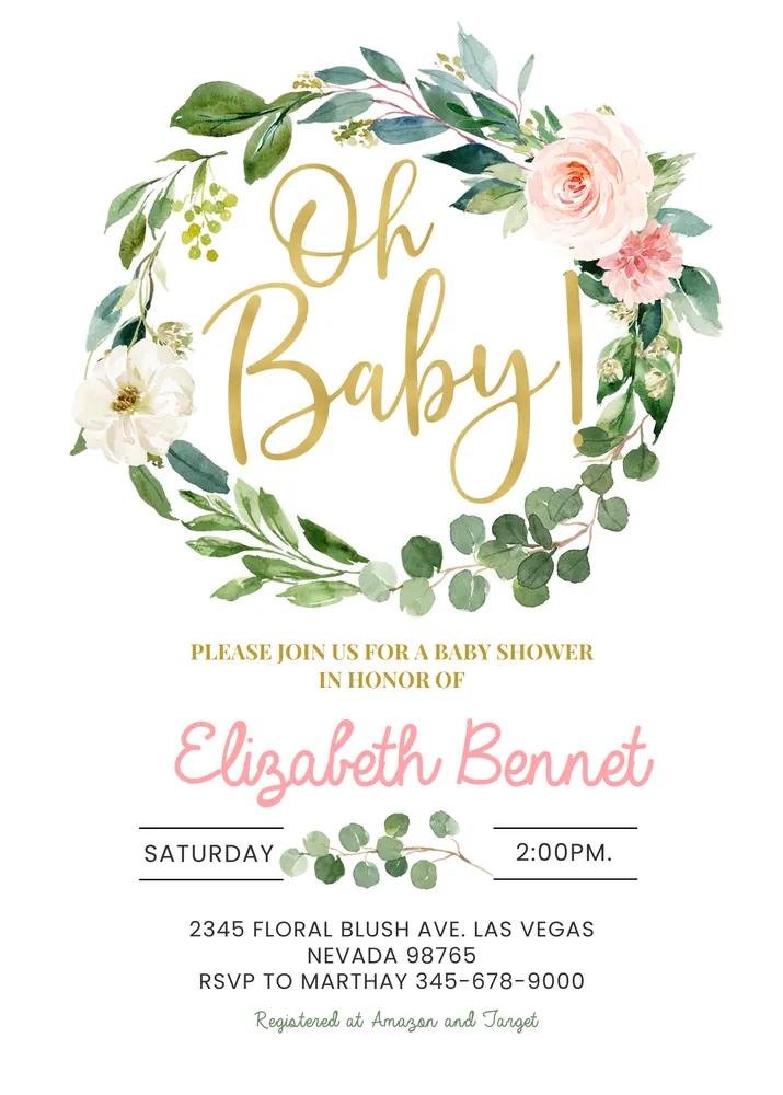 Greenery Baby Shower Invitation Girl Blush Pink Floral Canva Template