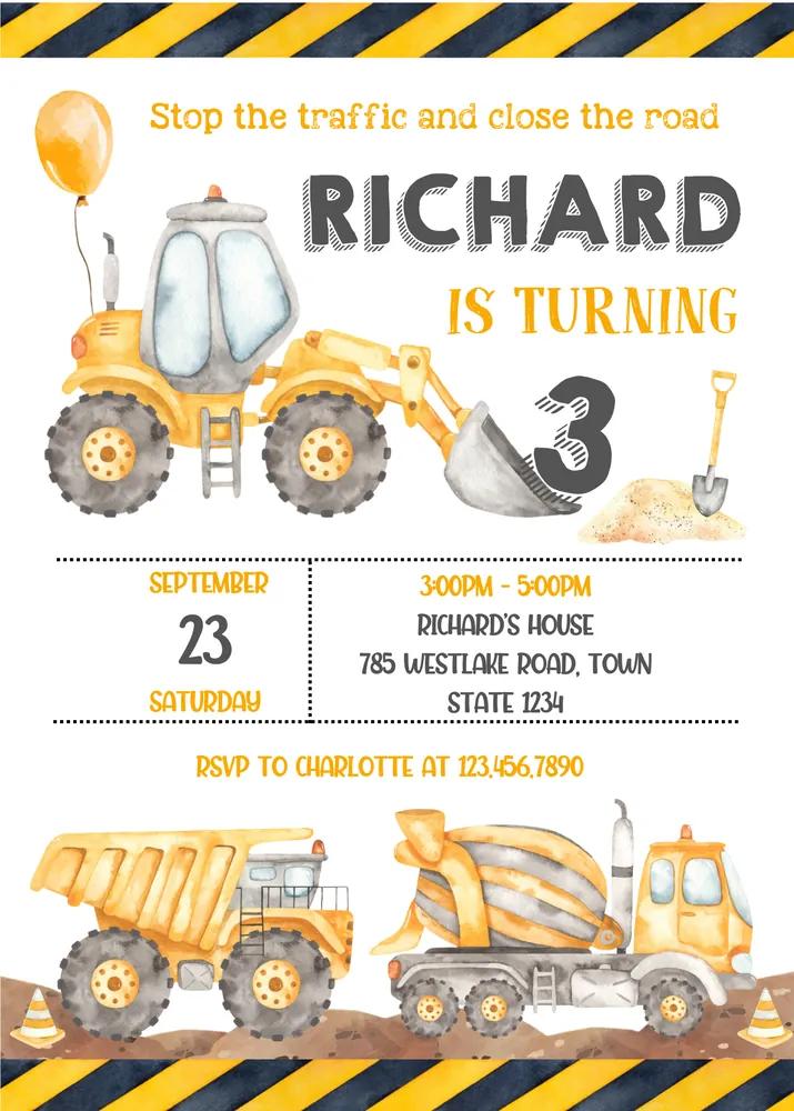 Construction 3rd Birthday Invitation Canva Template - Dig Three Party Invite
