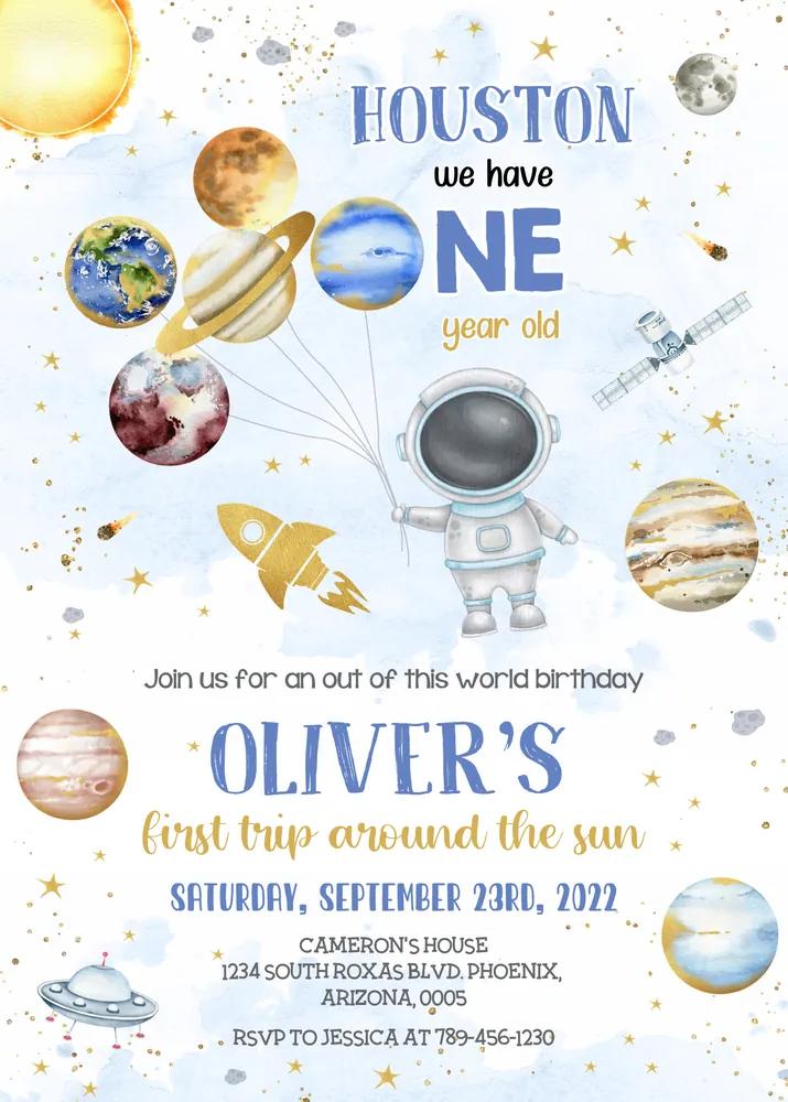 Outer Space Birthday Invitation | First Trip Around the Sun Canva Template