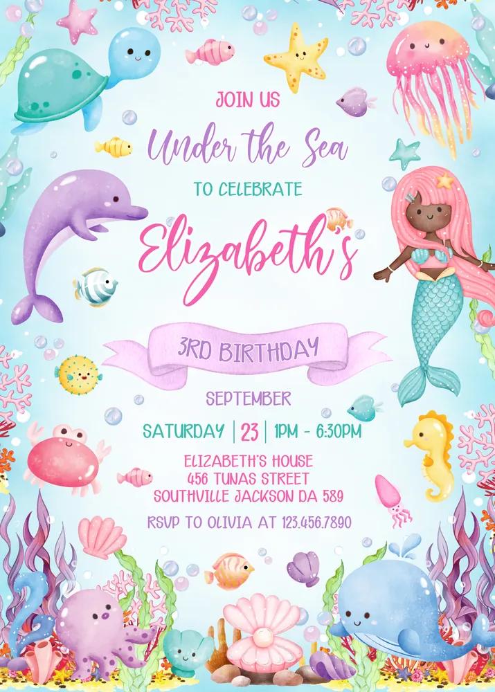 Under the Sea Birthday Invitation Canva Template | Ocean Animals Girl Party