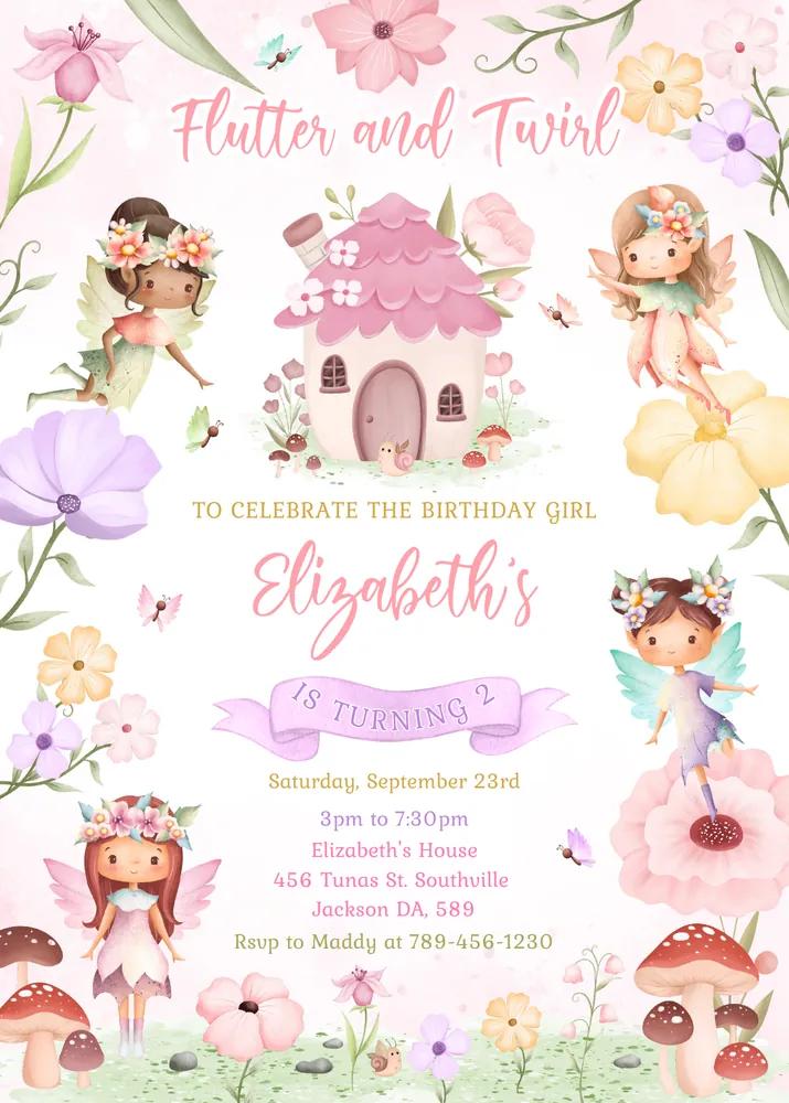 Fairy Birthday Girl Invitation - Editable Canva Template - Instant Download