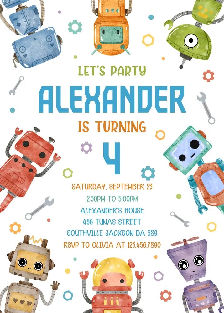 Robot Birthday Invitation Template | Editable Canva Boy Party Invite | Instant