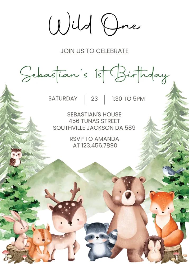 Woodland Wild One Birthday Invitation | Forest Animals Canva Template