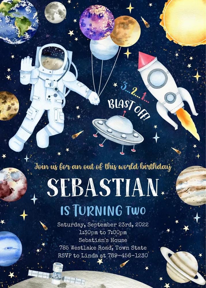 Outer Space Birthday Invitation Template, Astronaut Planets Canva Invite