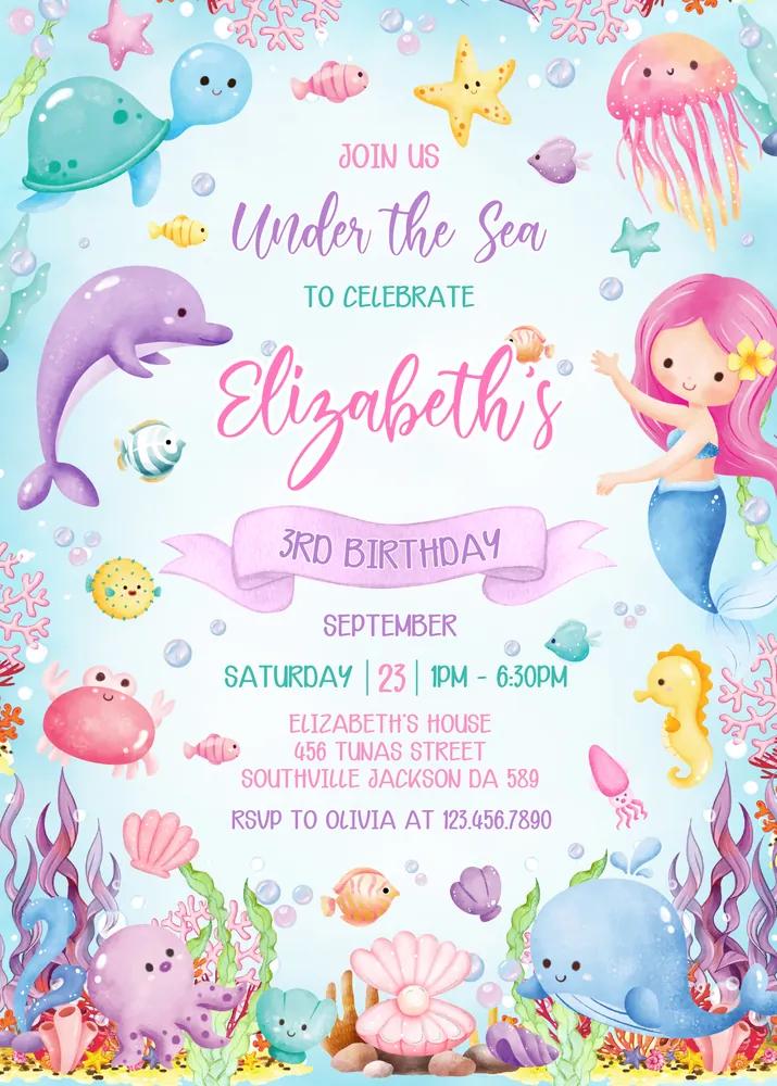 Under The Sea Birthday Invitation | Ocean Animal Party Editable Canva Template
