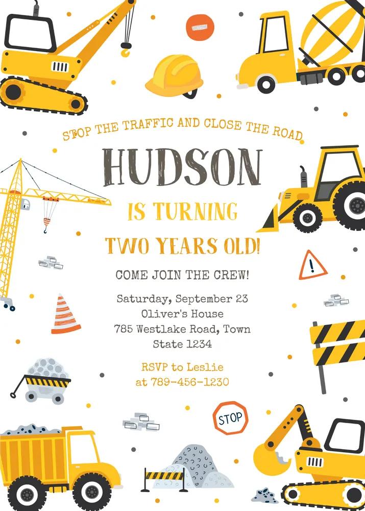 Construction Boy Birthday Party Invitation - Editable Canva Template