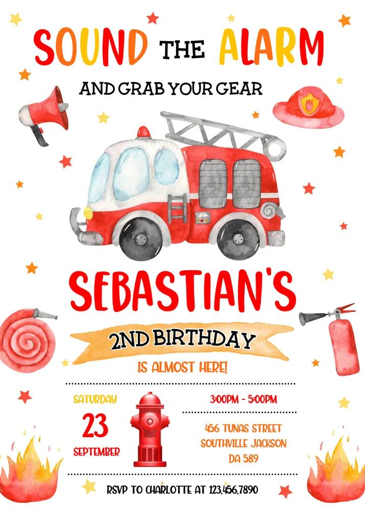 Firetruck Birthday Invitation Template - Editable Firefighter Party Invite