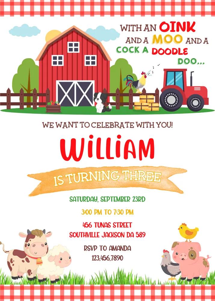 Farm Animals Birthday Invitation Template | Editable Canva Barnyard Invite