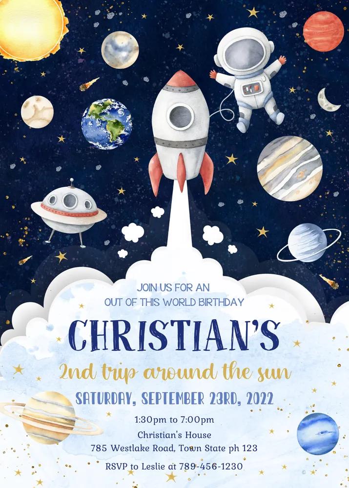 Outer Space Birthday Invitation Template, Astronaut Galaxy Rocket Ship Invite