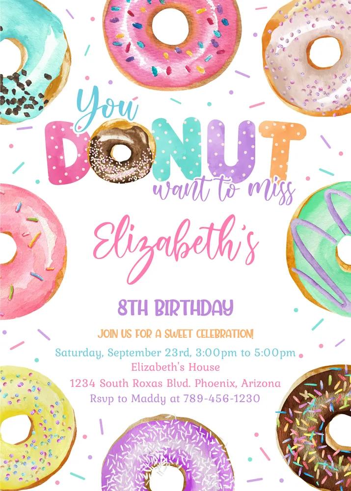 Donut Birthday Invitation Template - Editable Canva Invite Instant Download