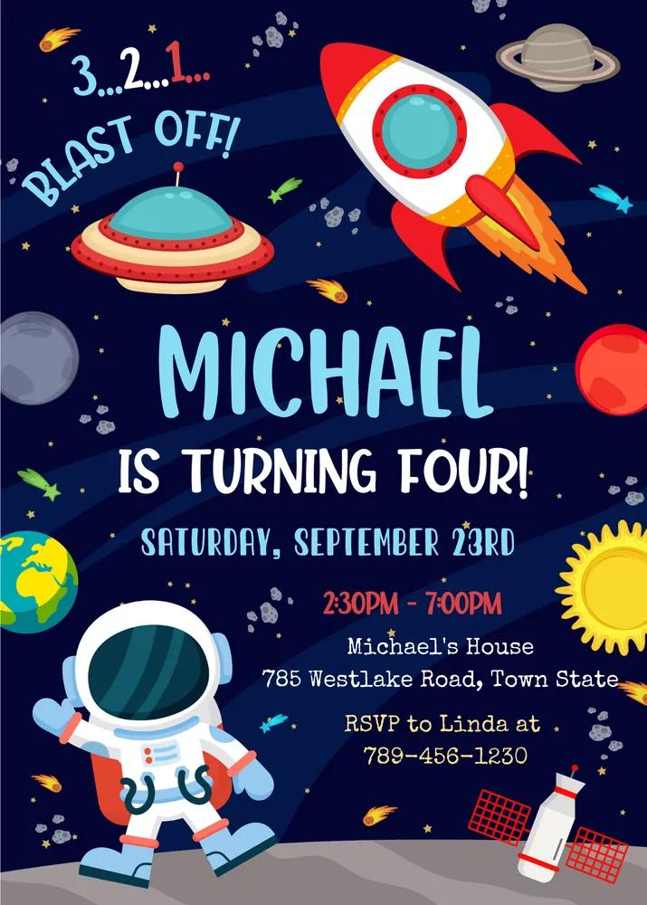 Outer Space Birthday Invitation Template, Planets Rocket Ship Galaxy Invite