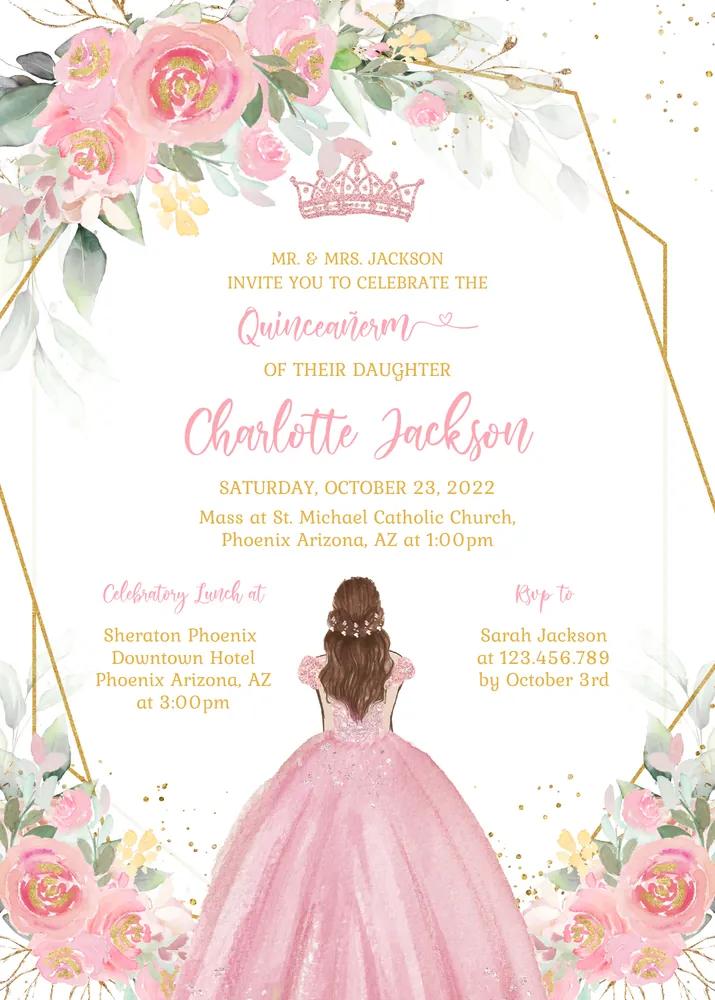 Blush Pink Quinceañera Invitation Template - Editable Mis Quince Canva DIY