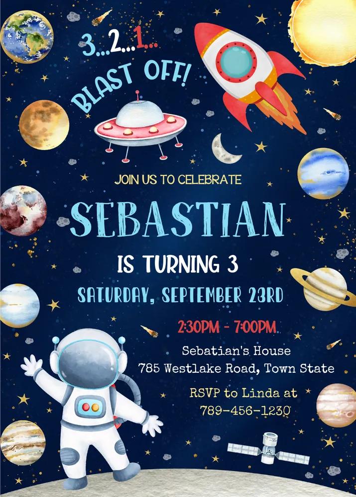 Outer Space Birthday Invitation Canva Template, Galaxy Blast Off Astronaut Invite