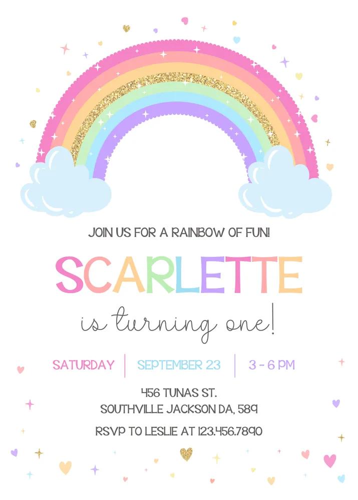 Editable Rainbow Birthday Invitation Template - Girls Pastel Rainbow Invite