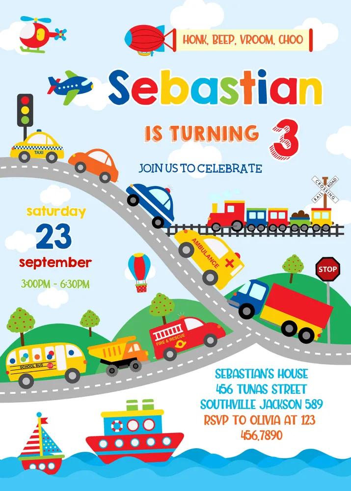 Transportation Birthday Invitation - Editable Canva Template - Instant Download