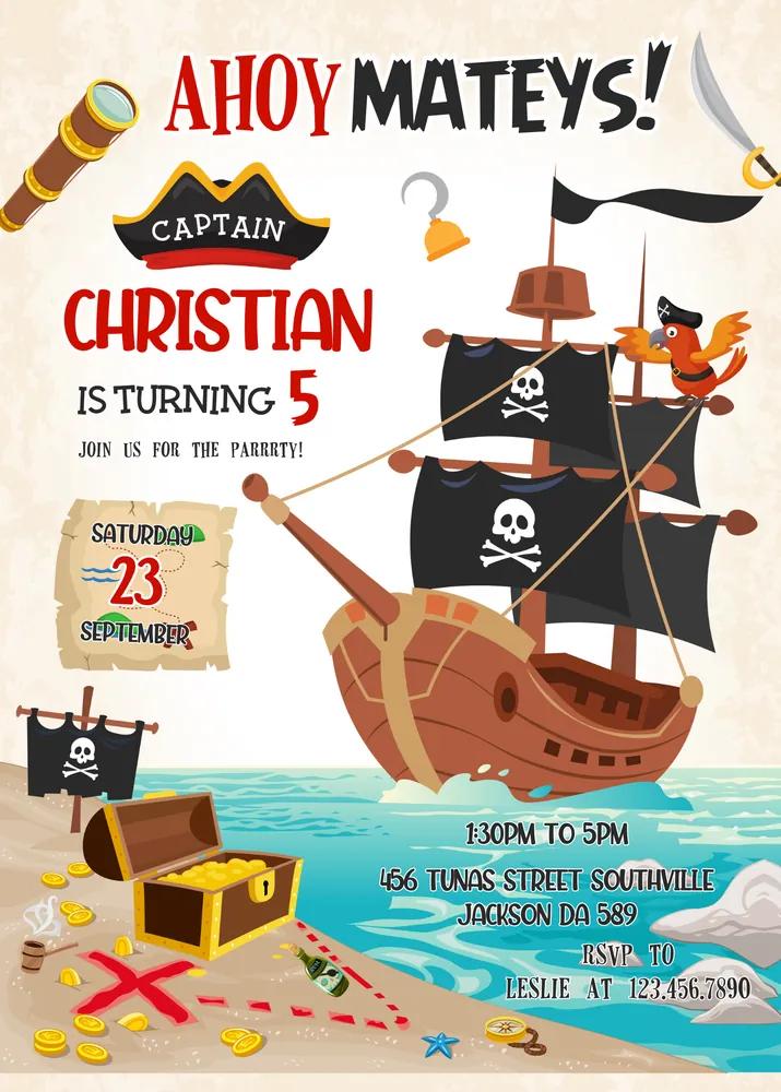 Pirate Birthday Invitation Template - Editable Canva Instant Download