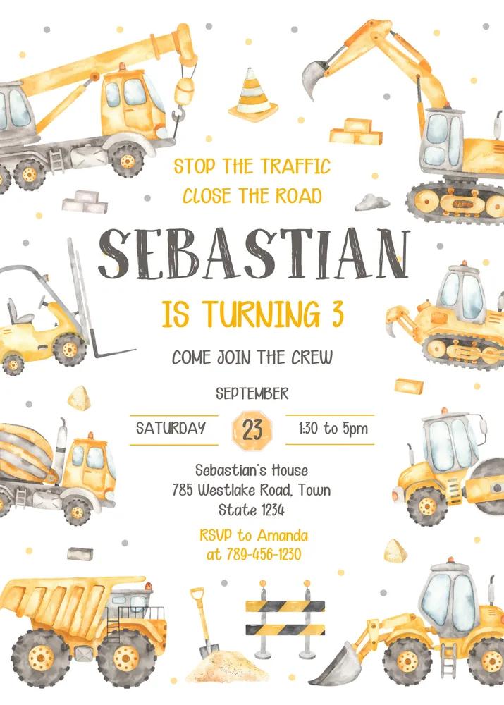 Editable Construction Birthday Invitation & Thank You Tag Canva Template