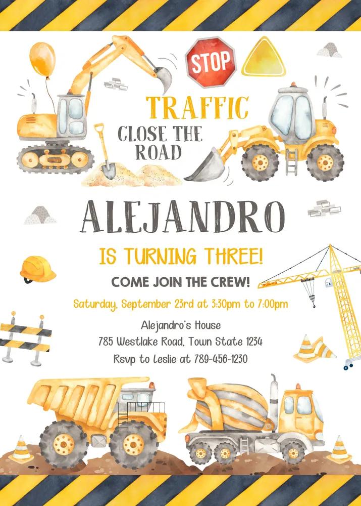 Editable Construction Birthday Party Invitation & Thank You Tag Canva Template