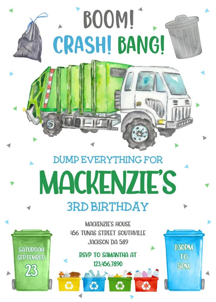 Garbage Truck Birthday Invitation & Dump Truck Party Tag - Editable Canva Template