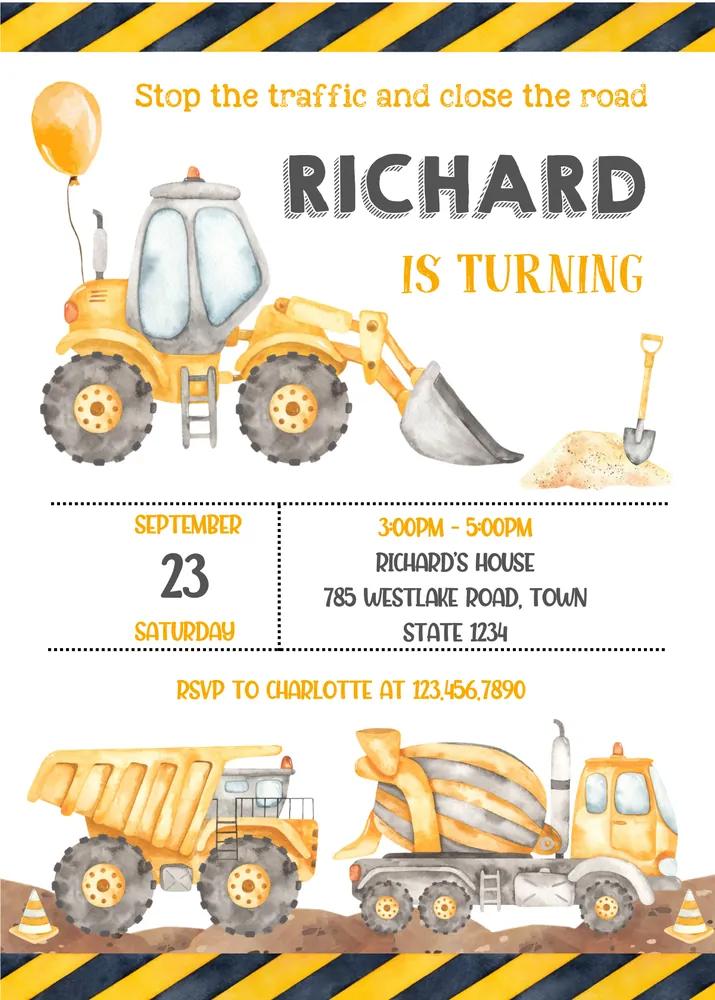 Construction Birthday Party Invitation Bundle - Editable Canva Template