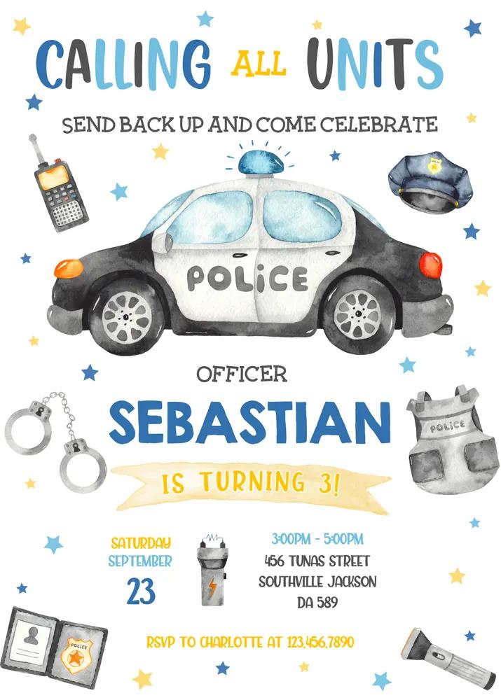 Editable Police Birthday Invitation Template - Policeman Officer Party Invite