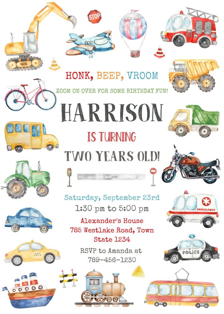 Transportation Birthday Invitation & Thank You Tag Canva Template