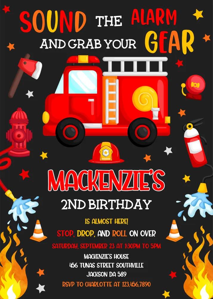 Firetruck Birthday Invitation | Editable Firefighter Party Template | Canva DIY