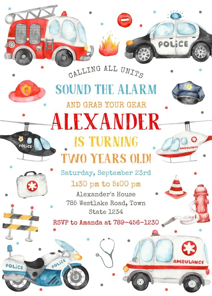 Emergency Vehicles Birthday Invitation Canva Template | First Responders Invite
