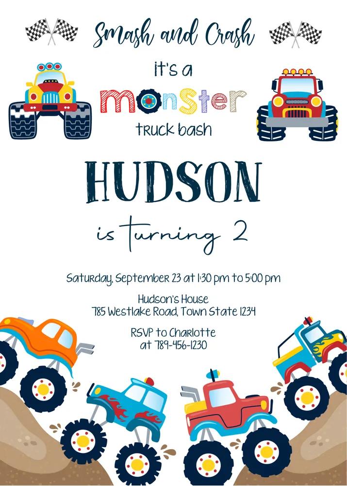 Editable Monster Truck Birthday Invitation - Canva Instant Download