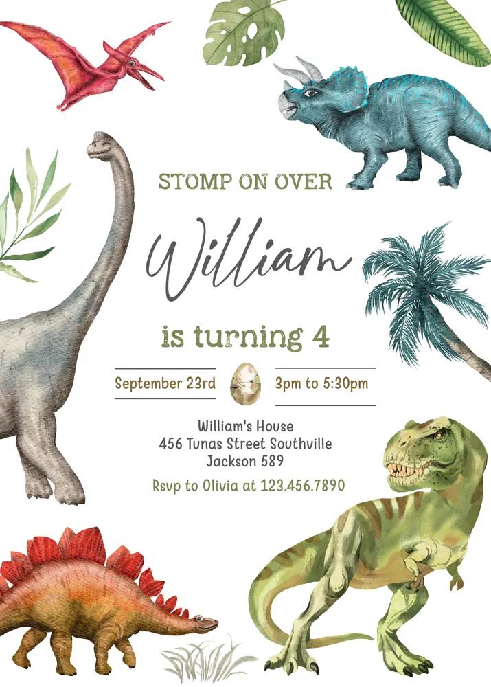 Dinosaur Birthday Party Invitation & Thank You Tag - Canva Editable Template