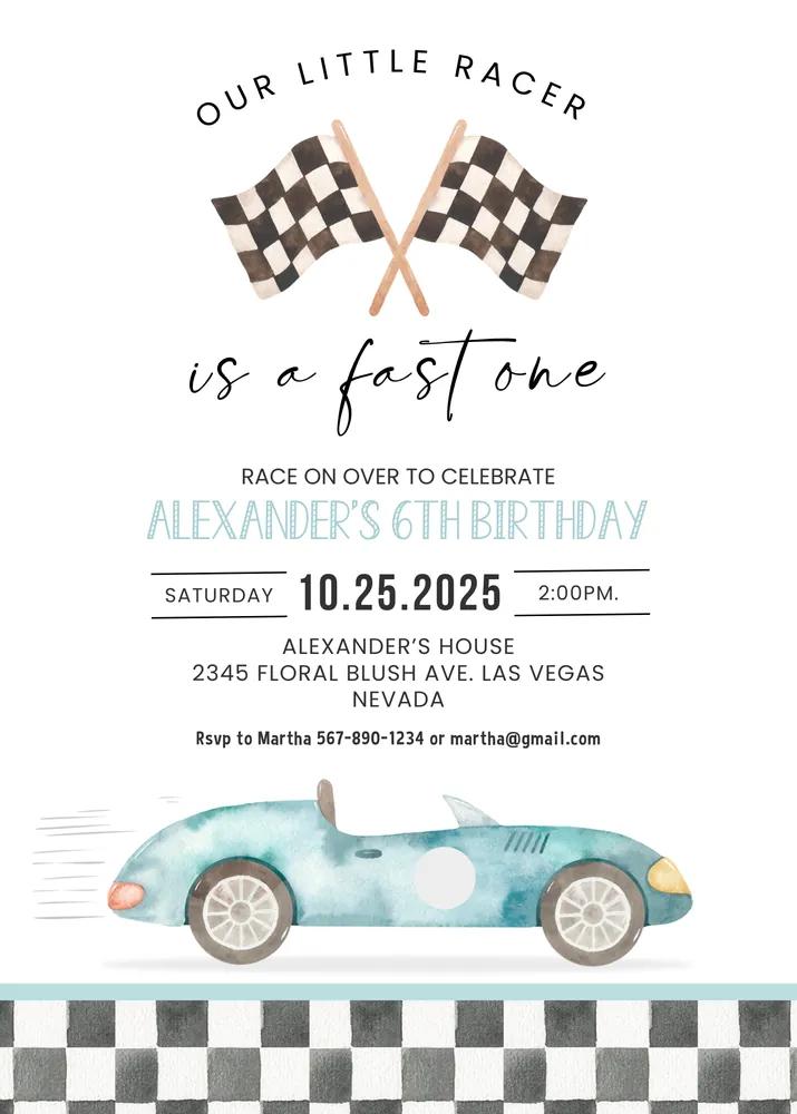 Fast One Birthday Invitation | Race Car 1st Birthday Canva Template