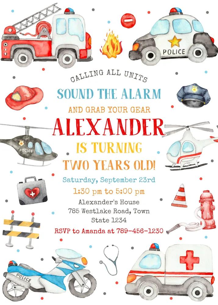 Emergency Vehicles Birthday Boy Invitation | Editable Canva Template