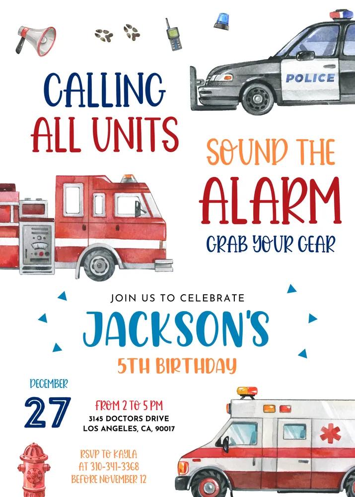 Emergency Vehicles Birthday Invitation Canva Template First Responders Invite