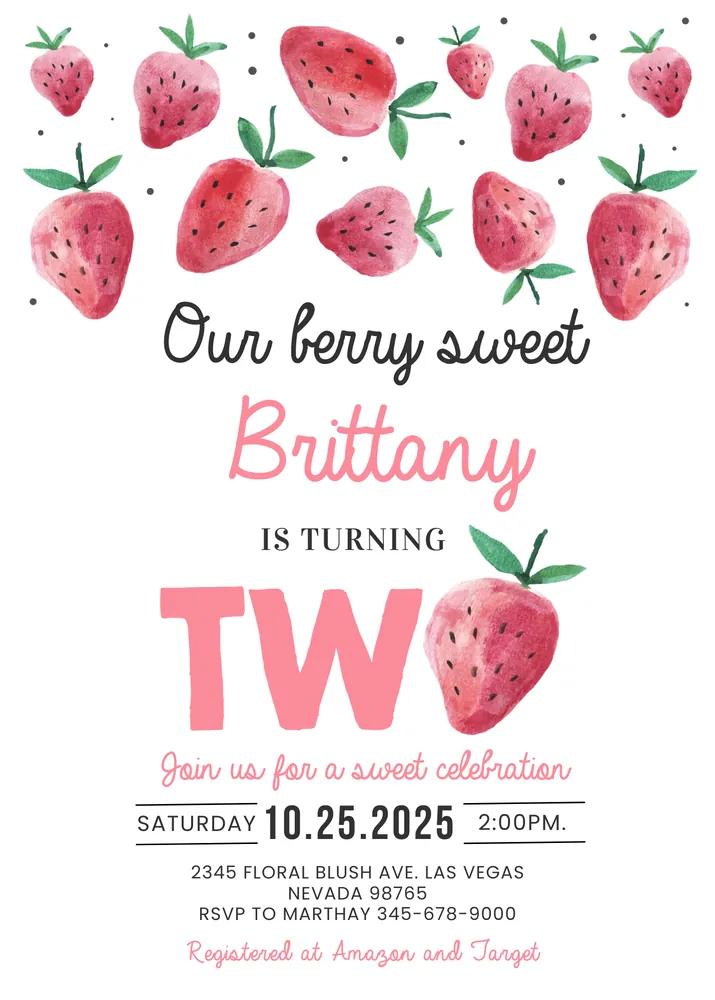 Berry Sweet 2nd Birthday Invitation | Editable Strawberry Canva Template