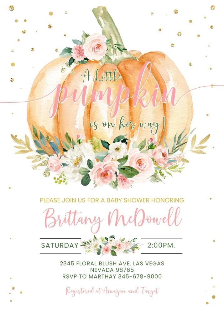 Girl Pumpkin Baby Shower Invitation Canva Template, Fall Autumn Editable Invite