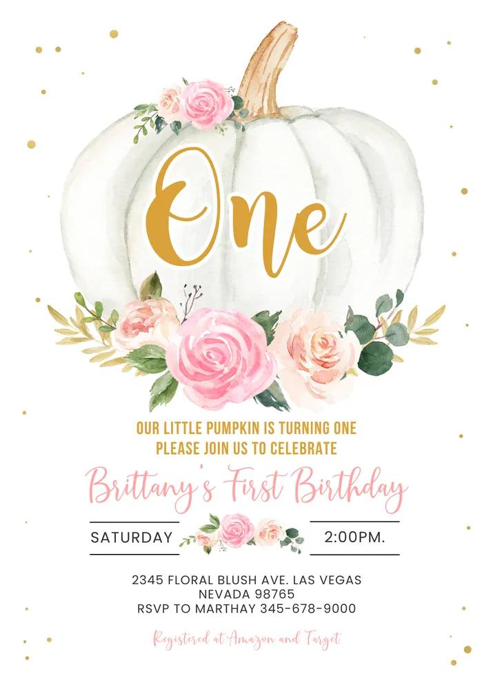 Pink Floral Pumpkin First Birthday Invitation | Editable Canva Template