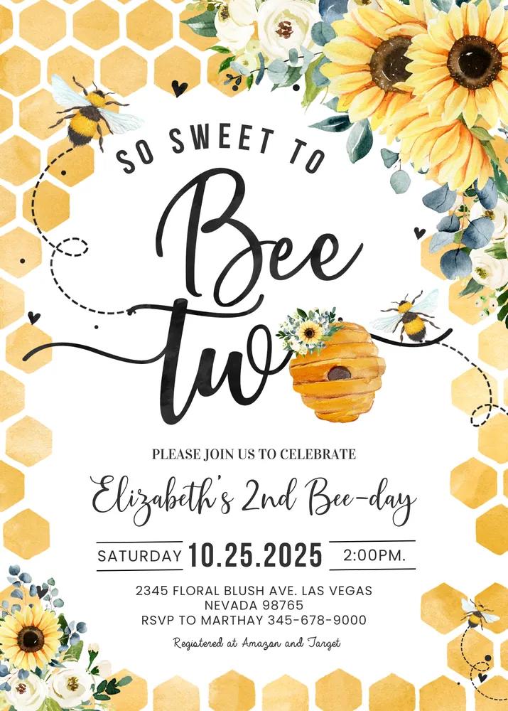 Editable Bee Birthday Invitation | Honey Bee 1st 2nd Birthday Canva Template