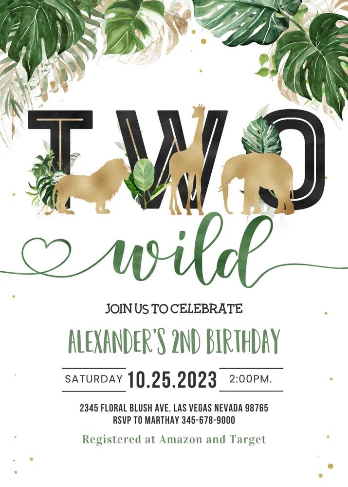 Jungle Gold Two Wild Birthday Invitation | Safari Animals Canva Template