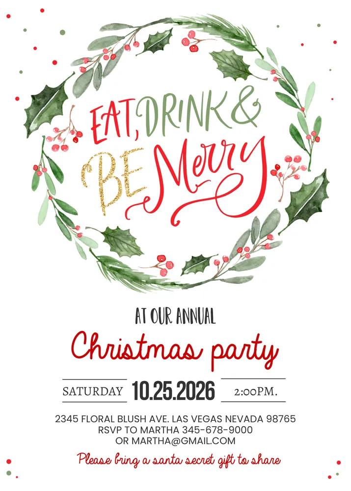Eat Drink and Be Merry Christmas Party Invitation | Editable Canva Template