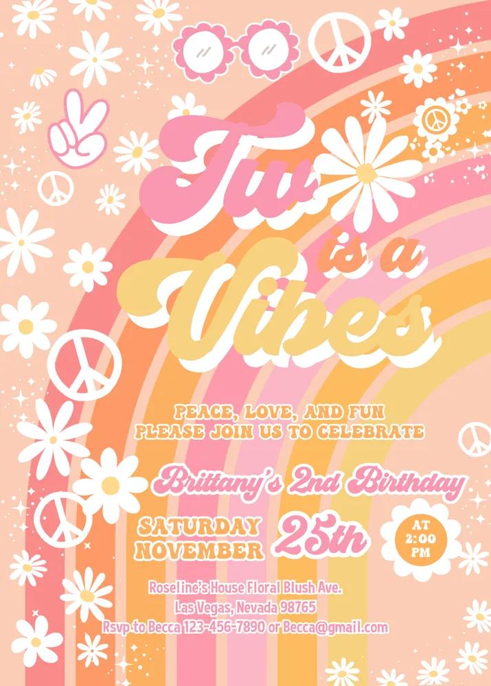 TWO Groovy Birthday Invitation | Girl 2nd Birthday Daisy Rainbow Canva Template