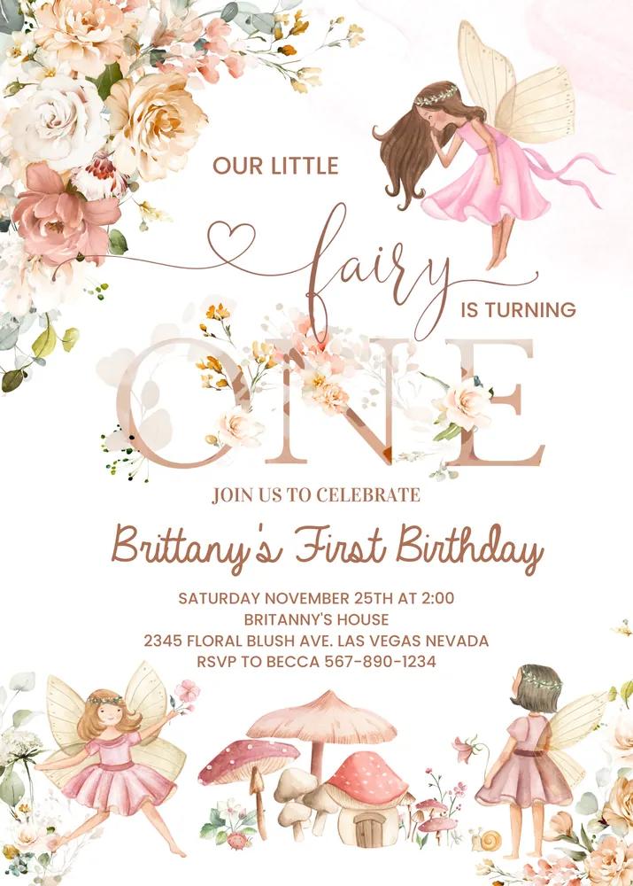 Fairy First Birthday Invitation | Wildflower Floral Canva Template | Editable